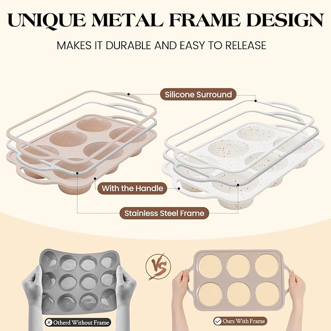 Vinino 2Pack Jumbo Silicone Muffin Pans for Baking with Metal Reinforced Frame, 6 Cups Large Size Nonstick Silicone Cupcake Pan, BPA Free Oven Dishwasher Safe Baking Mold for Muffins Cupcakes