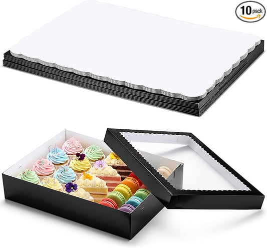 Sinload 10 Pcs 19x14x4 Inch Half Sheet Cake Boxes 5pcs Large Rectangle Bakery Boxes with 5pcs Cake Boards for Pastry Baking, Cupcakes, Donuts, Cookies, Pie Treat Packaging (Black)