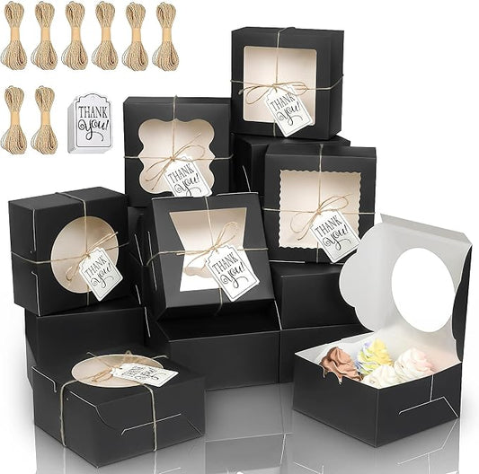 KPOSIYA 65PCS Bakery Boxes with Window 6x6x3 Inches 5 Style Cookie Boxes Small Pastry Boxes for Candy, Dessert, Pastry, Donuts, Birthday Party, Wedding(Black)