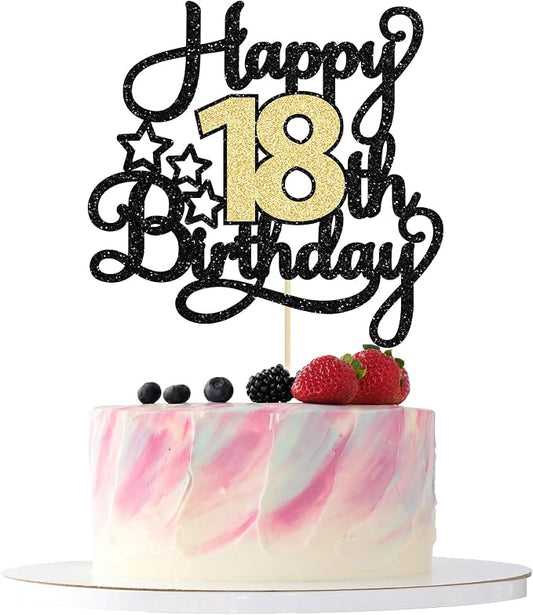 1Pc 18th Happy Birthday Cake Topper Glitter Cheers to 18 Years Birthday Cake Pick Cake Decoration for 18th Party Decoration Supplies Black Gold