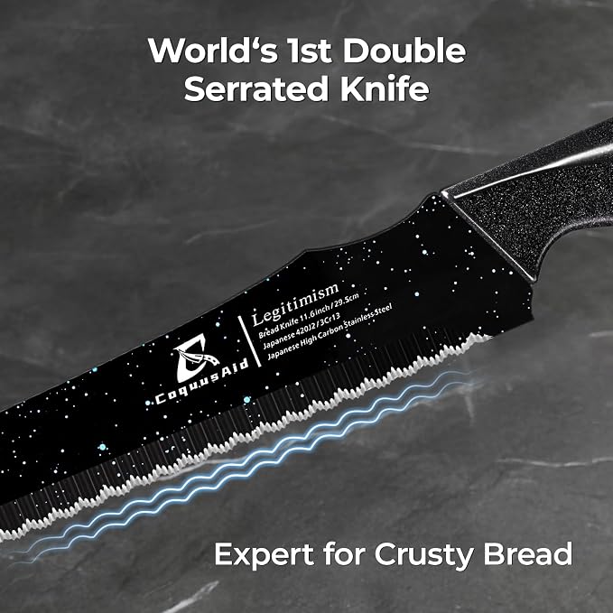 CoquusAid Upgrade Bread Knife for Homemade Bread, World‘s 1st Double Serrated Knife for Crusty Sourdough, 11.6 Inch Stainless Steel Bread Slicer, Professional Sourdough Cutter, Ideal Gift, Black