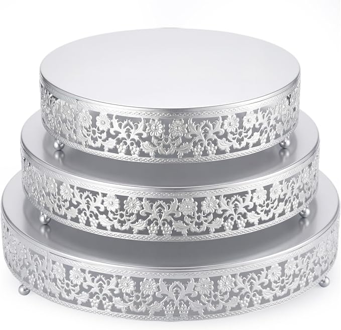 Wenqik 3 Pcs 16'' 14'' 12'' Metal Silver Cake Stand Round Cake Stands for Dessert Table Cookies Fruit Serving Tray Cupcake Dessert Pastry Riser for Wedding Birthday Party and Event(Traditional Style)