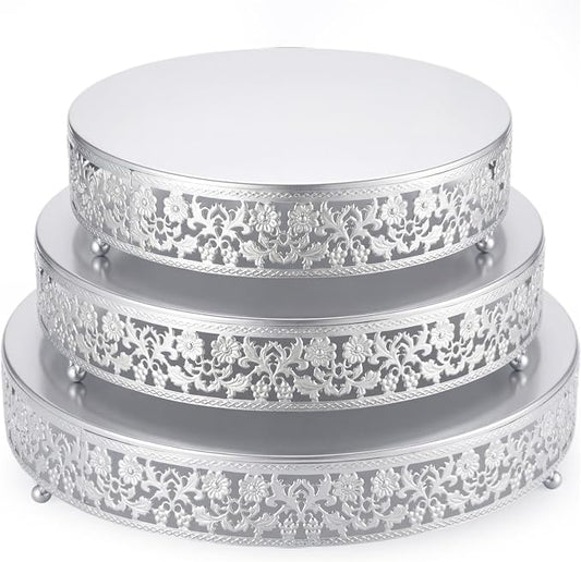 Wenqik 3 Pcs 16'' 14'' 12'' Metal Silver Cake Stand Round Cake Stands for Dessert Table Cookies Fruit Serving Tray Cupcake Dessert Pastry Riser for Wedding Birthday Party and Event(Traditional Style)
