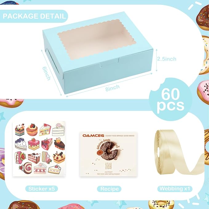 OAMCEG 60 Pack Cookie Boxes with Window, 8x6x2.5 Inch Bakery Treat Boxes for Christmas Holiday Gift Giving, Desserts, Donuts, Pastries-Blue