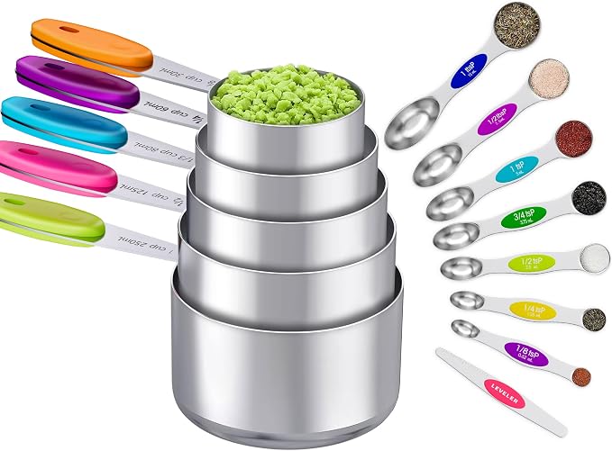 13PCS Magnetic Measuring Cups and Spoons Set - 7 Double-Sided Stainless Steel Magnetic Measuring Spoons & 1 Leveler + 5 Stainless Steel Measuring Cups - Kitchen Baking Tools for Cooking