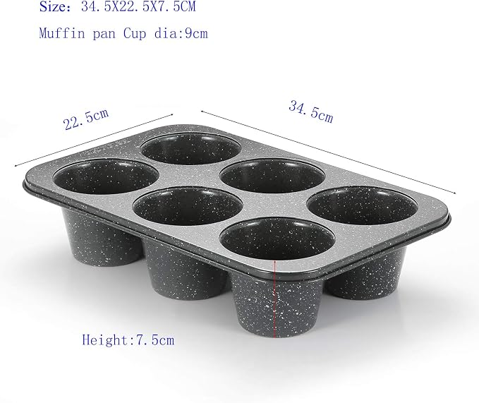 Monfish Jumbo Deep Muffin pan 6 cup large cupcake pan gray granite finish Carbon steel muffin tin 3.5x3inch cup (deep 6 cup)