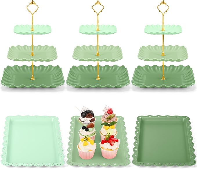 FoldTier 6 Pack Cupcake Stand Set 3 Pcs 3 Tier Gradient Dessert Table Display Stands Cookie Tray Rack 3 X14 in Rectangle Party Trays for Wedding Birthday Tea Party Baby Shower(Green,Rectangle)