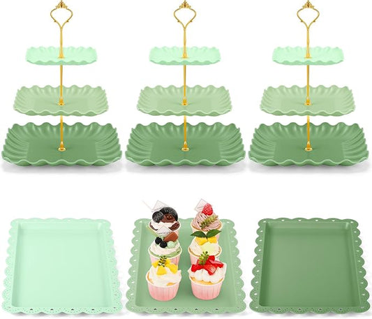 FoldTier 6 Pack Cupcake Stand Set 3 Pcs 3 Tier Gradient Dessert Table Display Stands Cookie Tray Rack 3 X14 in Rectangle Party Trays for Wedding Birthday Tea Party Baby Shower(Green,Rectangle)
