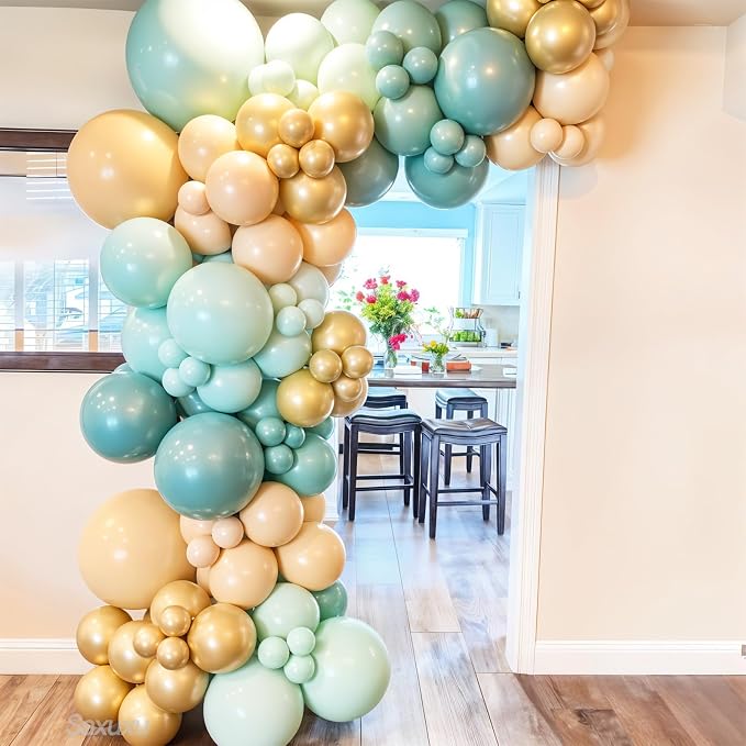 Teal Balloons Arch Kit, Teal Green Balloon Garland Arch Kit, Macaron Teal Blue Retro White Metallic Gold Balloons For Birthday Baby Shower Back To School Theme Party Wedding Decorations Supplies