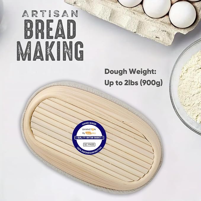 Banneton Bread Proofing Basket with Brochure Set of 2, Sourdough Baking Supplies for Rising, Round & Oval Proving Baskets with Liners, Handmade from Quality Natural Indonesian Rattan