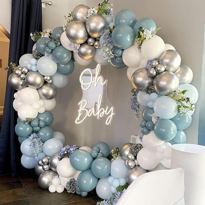 Dusty Blue Balloon Arch Kit, 108 Pcs Blue and Silver Balloon Arch Kit Metallic Silver Sand White Mist Blue Balloon Helium for Kids Boy Party Baby Shower Birthday Bridal Wedding Anniversary Decorations