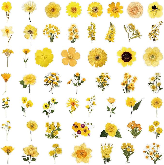 Yellow Chrysanthemum Stickers - 50PCS Vintage Dried Floral Stickers Waterproof PET Aesthetic Decals for Journaling, Scrapbooking, Water Bottles, Laptops, Perfect for Plant Lovers & Craft Enthusiasts