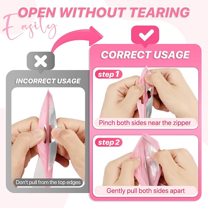100 PCS Pink Resealable Mylar Bags with Zipper and Frosted Clear Window Smell Proof Packaging Bags Foil Pouch Zip Bag for Food Self Sealing Storage Supplies 3.14x5.11