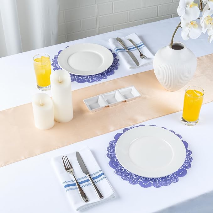 Pastry Tek 12 x 12 Inch Paper Lace Doilies, 100 Disposable Table Doilies - Elegant Lace Finish, Long Lasting, Purple Paper Doily, for Pastries, Cupcakes, Desserts - Restaurantware
