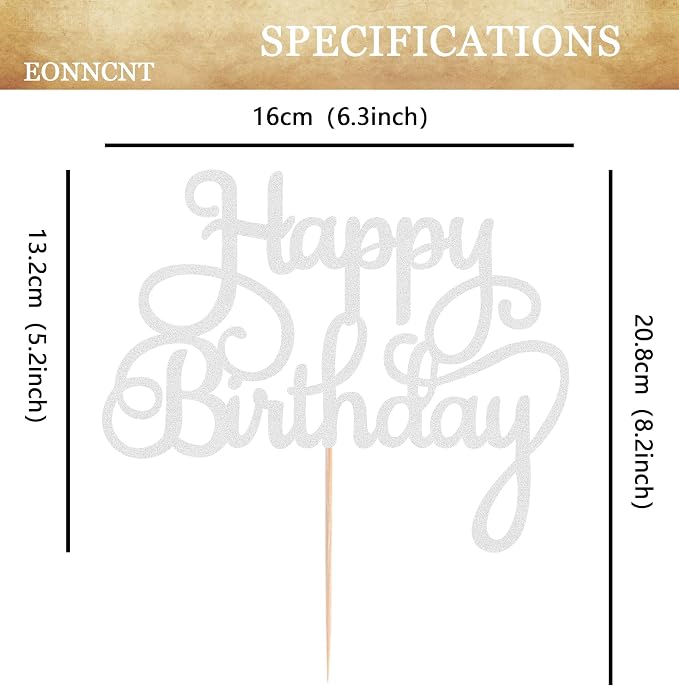 Happy Birthday Cake Topper - Silver Glitter Birthday Party Cake Decoration Supplies, Photo Booth Props