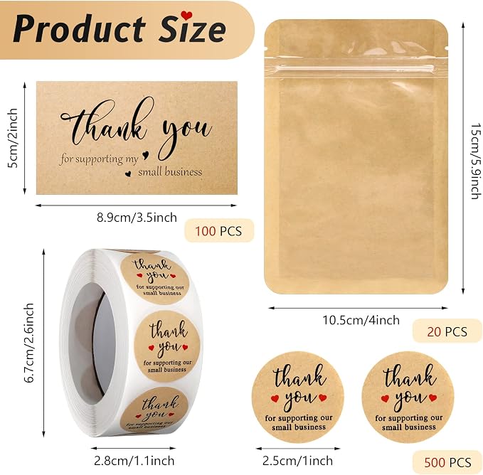 Outus 620 Pieces Thank You for Supporting My Small Business Cards and Stickers Set, Thank You Gold Foil Stickers with Resealable Packaging Bag for Business Owners Packaging Supplies (Kraft Paper)