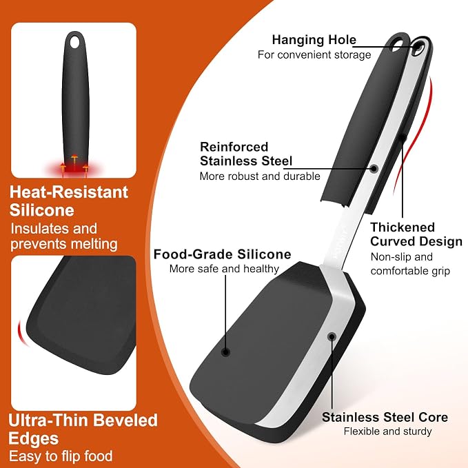 Silicone Spatula, 13 x 3.2 In, 600°F Heat Resistant (Black) | Flexible Turner, BPA Free, Non Scratch for Non Stick Frying Pan, Kitchen Cooking, Flipping, Dishwasher Safe