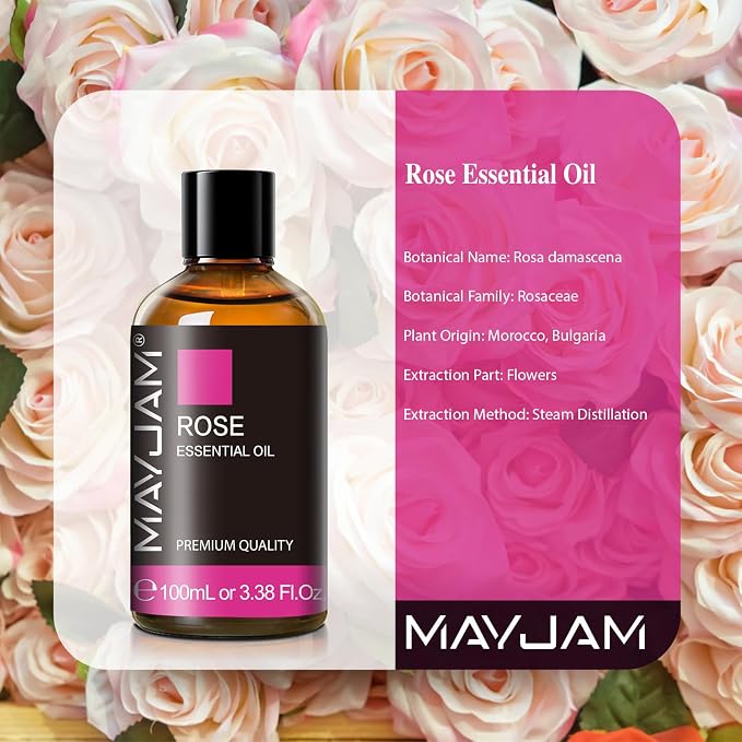 Rose Essential Oil, MAYJAM Essential Oils for Diffusers for Home, 3.38FL.OZ Large Volume Rose Oil for Soap Candle Making Massage