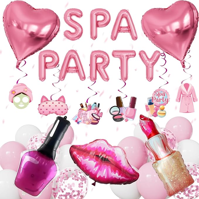57 Pcs Spa Party Decorations, Pink and White Spa Party Balloons with SPA PARTY Foil Letters, Lipstick, Nail Polish, Heart Foil Balloons and Hanging Swirls for Girls Birthday Pamper Party