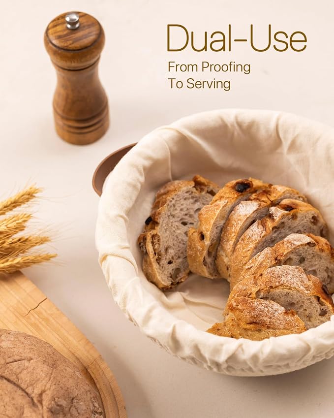 Crispier Crust Cotton Rope Banneton Bread Proofing Basket Set of 2, Round Bread Baskets with Liners & Covers for Artisan Bread Baking, Sourdough Bread Baking Supplies, Gift-Ready(Brown)