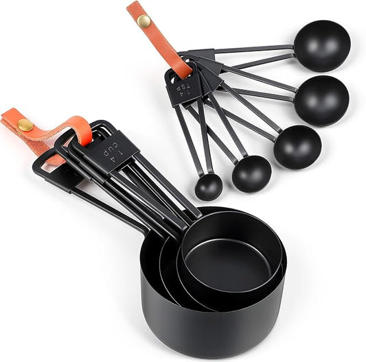 9 PCS Black Stainless Steel Measuring Cups and Spoons Set, Nesting Metal Measuring Cup with Ring Connector for Liquid and Dry Ingredients, Cooking and Baking (Black)