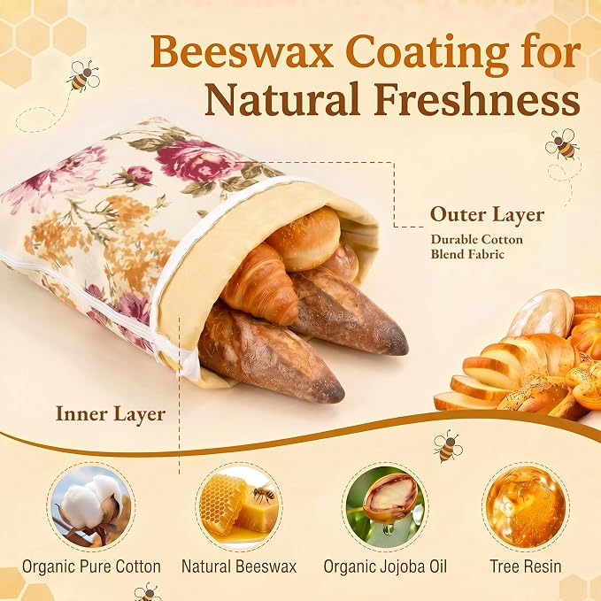 2 Pack XL Beeswax Bread Bags for Sourdough, Organic Beeswax Linen Cotton Bread Storage Bags with Bowl Cover & Cleaning Sponge Set, Fresh Bread Freezer Bags with Sealing Zip for Homesteading (F)