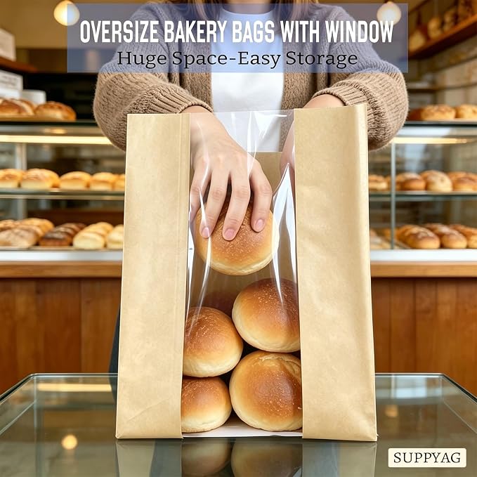 Extra Large Paper Bread Bags for Homemade Bread with Window & Sticker for XL Sourdough Breads, Round Loaf, Baked Goods, Oval Loaves, Brown Kraft - 45 Pcs 16x10x5 Inch