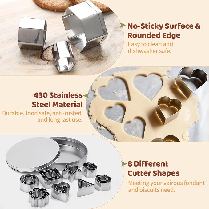 ofone Small Cookie Cutters Geometric Shapes Set, 24 Mini Fondant Cutter - Star Heart Flower Square Triangle Oval Circle Hexagon, Tiny Stainless Steel Biscuit Molds for Baking Dough Pastry Clay Fruit