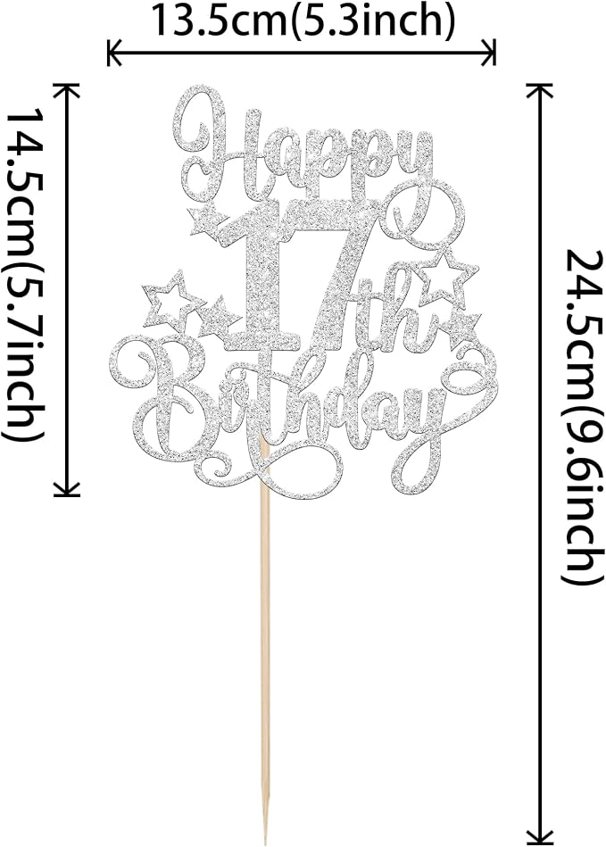 1 PCS Happy 17th Birthday Cake Topper Glitter Cheers to 17 Years Birthday Cake Pick Hello 17 Fabulous Cake Decoration for Happy 17th Birthday Anniversary Party Decorations Supplies silver