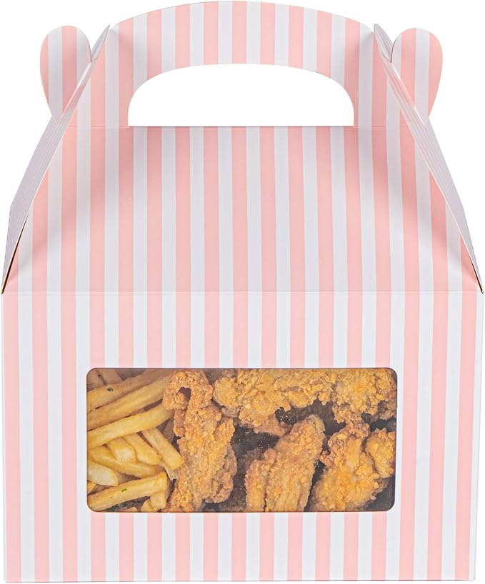 Bio Tek 8.5 x 4.8 x 5.5 Inch Gable Boxes For Party Favors, 25 Attractive Gift Boxes - Striped Design, With Clear PET Window, Pink And White Paper Barn Boxes, Built-In Handle