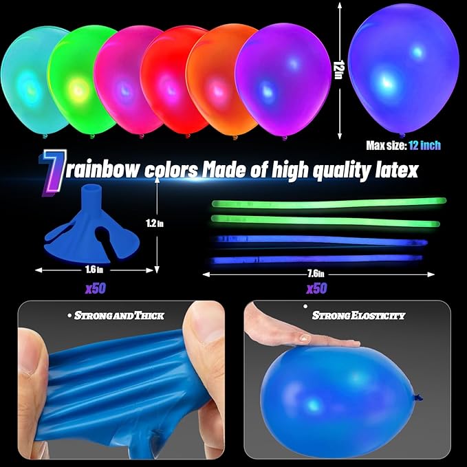50 PCS UV Neon Balloons & 50 PCS Glow Sticks & 50 Pieces Balloon Stick Holders for Glow in the Dark Birthday Decoration Wedding Glow Party Supplies, Black Light Reactive Fluorescent Balloons (150)