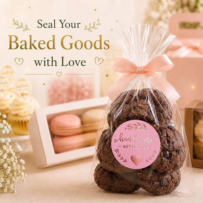 100PCS Handmade with Love Stickers, Rose Gold Foil Labels for Small Business Packaging, Bakery Cookies, Gift Wrapping, Candy Table, Wedding Baby Shower Party Favor Stickers.1.6 inch (Pink+Rose Gold)