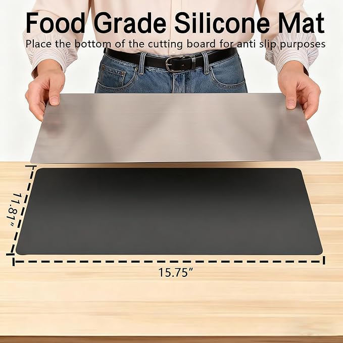 Large Stainless Steel Cutting Board with Lip for Kitchen, Chopping Boards with Grey Non-slip Mat, Cutting Board with Counter Lip for Meat, Fruits, Vegetables, Bread,Dough(15.7" × 11.8")