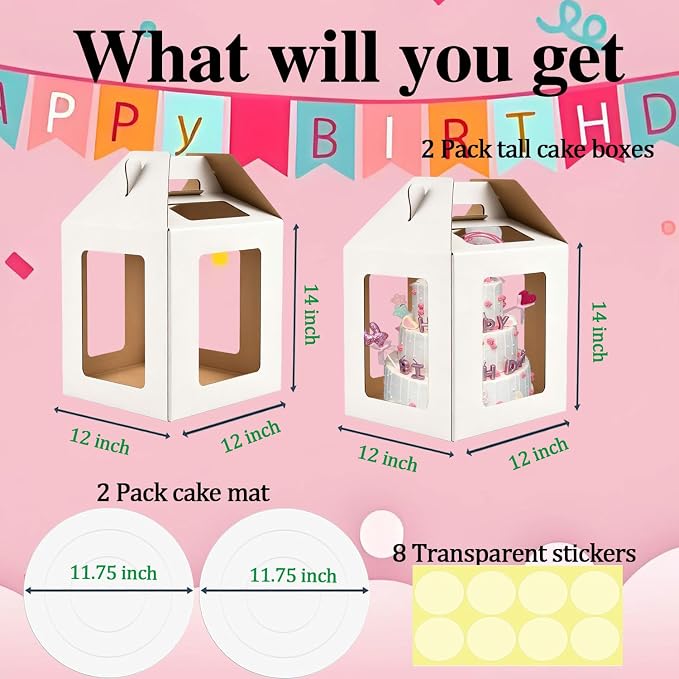 Cake Boxes - 2 Pack Tall Cake Box 12x12x14 Inch Disposable Layer Carrier with 6 Window Large Tierd Cake Out Transport Containers with Handle for Wedding, Birthday, Party