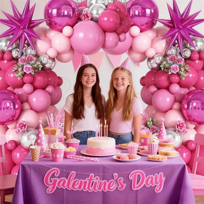 Pink Silver Balloon Arch Garland Kit with Hot Pink Star Foil Balloons 4D Round Ball Balloons for Girl Women Birthday Baby Shower Valentine's Day Party Decorations