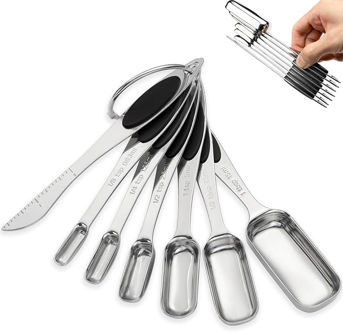 Magnetic Measuring Spoons Set of 7,Stainless Steel Measuring Spoons with Leveler,Nesting Measuring Spoon for Dry & Liquid Ingredients (7, Black)