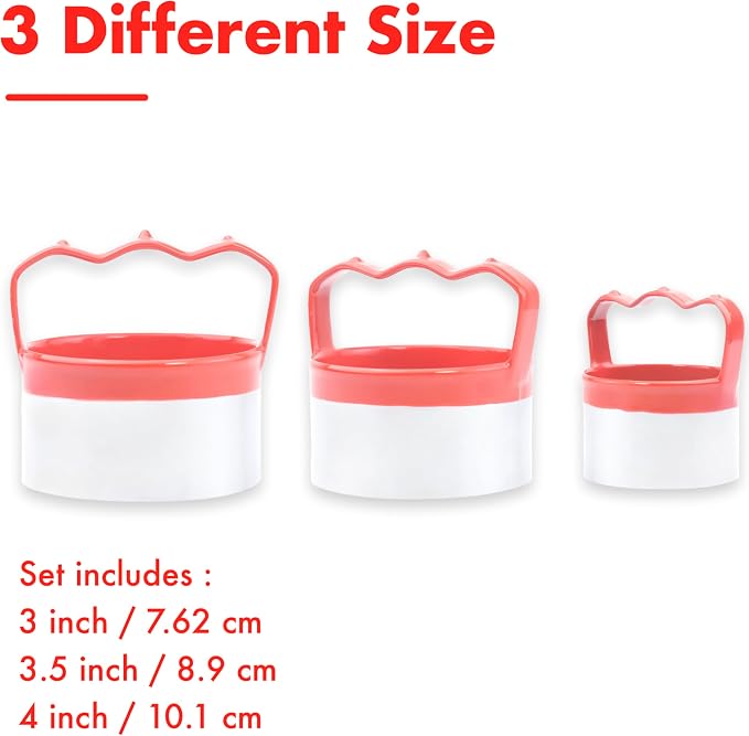 3 Pcs Round Biscuit Cutters Set 3", 3.5", 4", 0.4mm Stainless Steel Circle Cookie Cutters for Baking, Comfortable Grip, Red Silicone Handle