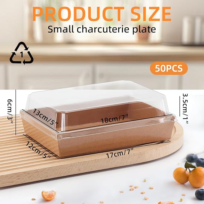 7x5x2.5 Charcuterie Boxes with Clear Lids, Large Disposable Bakery Dessert Boxes, Bakery Take Out Containers, To Go Food Container for Chocolate, Sandwich, Cookie, Cupcake, Pastries (50, Brown)