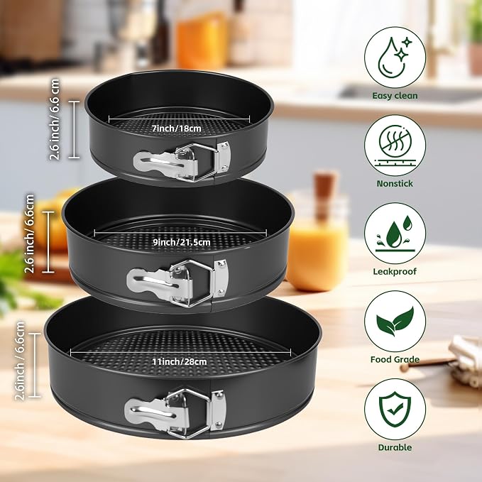 Springform Pan Set of 3 (7"/9"/11") - Non-Stick Cheesecake Pans with Removable Bottom, Round Baking Molds for Cheesecake, Pie, Desserts & More - Baking Bakeware Set