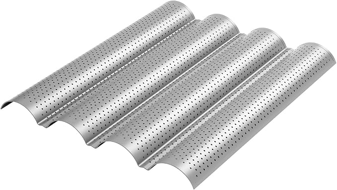 Tiawudi 2 Pack Nonstick Perforated Baguette Pan 15" x 13" for French Bread Baking 4 Wave Loaves Loaf Bake Mold Oven Toaster Pan (Silver)