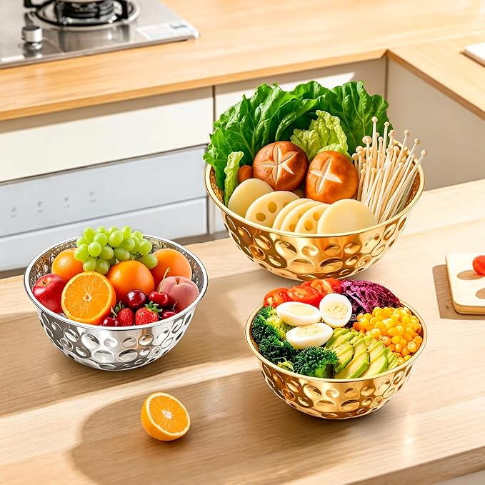 5-Piece Multicolor Stainless Steel Mixing Bowls (4.9/4.2/3.2/2.1/1.6QT), Hammered Design Nesting Metal Mixing Bowl Set for Kitchen, Baking, Cooking, Salad and Home Decor, Dishwasher Safe