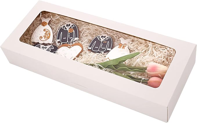 RIFMEAE 20-Pack 16" x 6.5" x 2.5" Cookie Boxes with Window, White Bakery Boxes, Strawberry boxes, Long Treat Boxes for Strawberries and Pastries