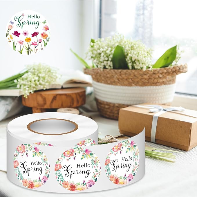 Louise Maelys 500 Pcs Spring Flowers Stickers Roll, 1.5 Inch Hello Spring Floral Holiday for Kids and Adult, Adhesive Decoration Round Labels for Baking Card Gift Envelope Craft Making