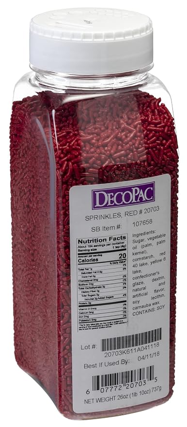 DecoPac Red Sprinkles | Extra Large 26oz Pack | Cake Sprinkle Mix, Fancy Sprinkles For Cake Decorating, Handheld Container, Candy Sprinkles, Cake Sprinkles - Red