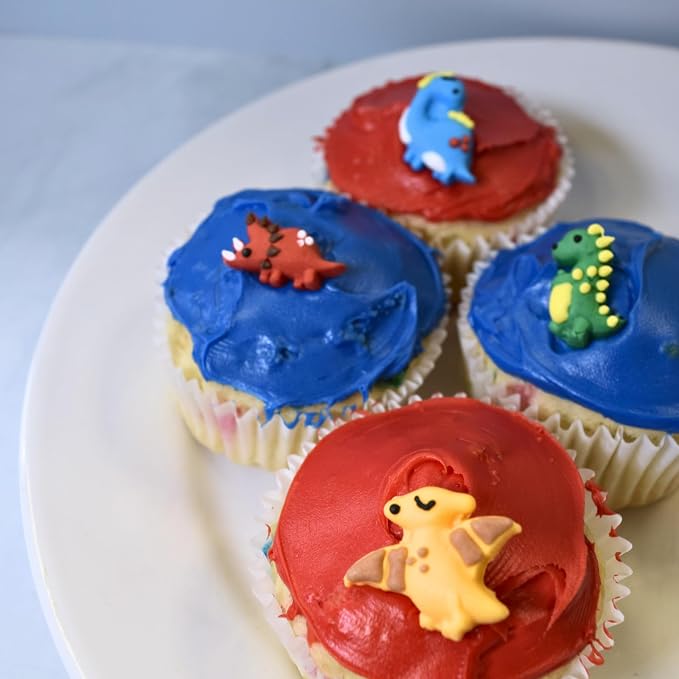 Oasis Supply Edible Dinosaur Cake & Cupcake Toppers – Royal Icing Dino Decorations in Red, Green, Blue & Yellow – Cute Edible Prehistoric Designs for Kids’ Birthday Cakes, Cupcakes & Party Treats