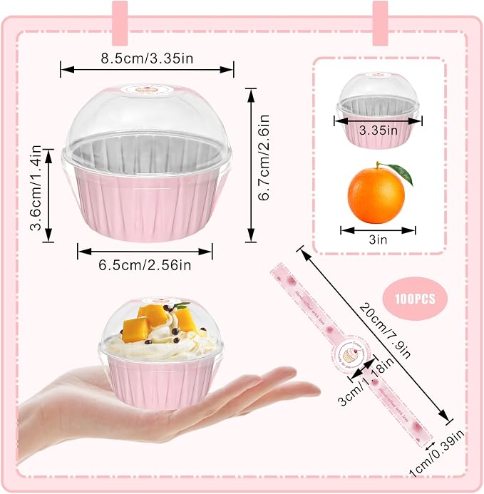 100 Pack 5oz Cupcake Pans with Dome Lids, Disposable Ramekin Cupcake Liners,Reusable Mini Muffin Case Dessert Containers for Birthday Wedding Party - Pink