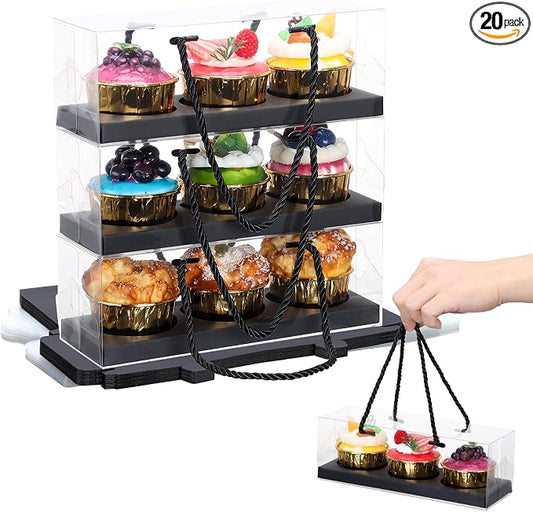 EUSOAR Cupcake Boxes, 20 Pcs 9"x3"x3" Black Clear Plastic Cupcake Containers Box 3 Compartments, Rectangular Portable Dessert Pastry Holder Cookies Wrappers for Birthday Wedding Party Favor Bakery