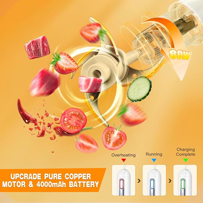 Glass Food Processor Small, USB Charging Wireless Electric Meat Grinder with 4 Blades & 4 Bowls (1x8 Cup+3x0.5 Cup), Mini Chopper Food Processor for Home Use, Onion, Garlic, Ginger, Baby Food