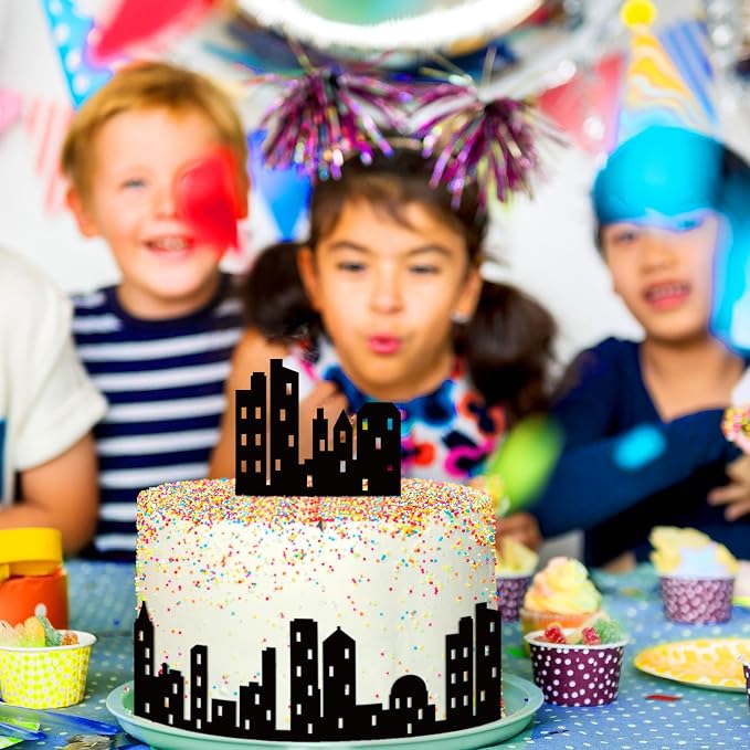 6Pcs City Cake Border Decoration Black City Building Birthday Cake Decoration Toppers Stick On or Lay On Toppers Birthday Decor Accessories for Party Lighted City Backdrop