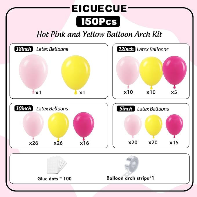 Pink and Yellow Balloons Garland Arch Kit 150Pcs - 5 10 12 18 inch Different Size Hot Pink Yellow Pastel Pink Balloons for Birthday Baby Shower Wedding Bee Bear Themed Party Decorations